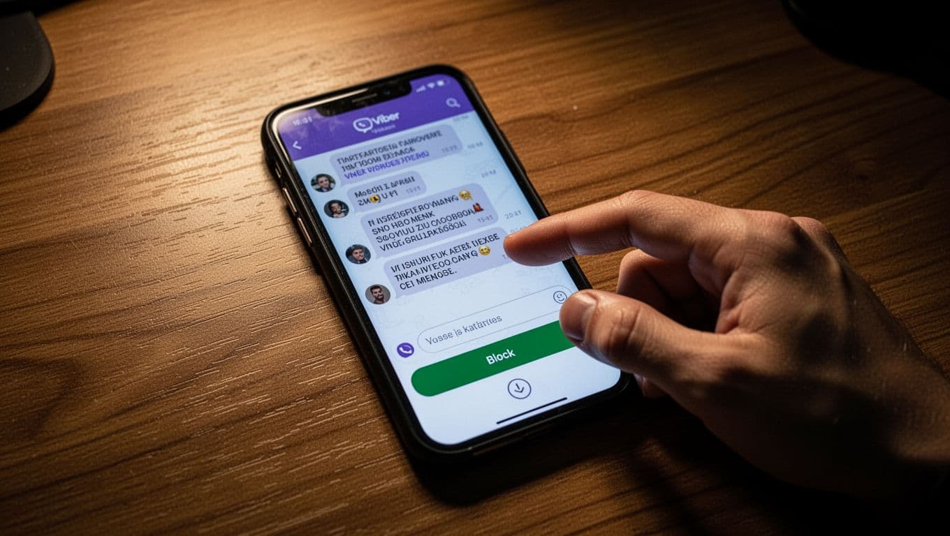 Smartphone screen on a wooden desk shows Viber spam messages with a block button, a single hand pointing to the block option in cinematic style with strong contrast, dramatic lighting, and depth of field.