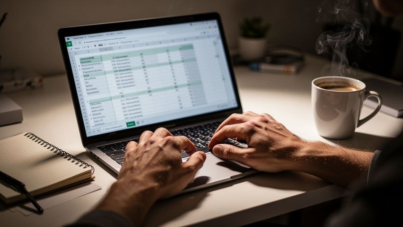 Hands rest on laptop keyboard typing shortcuts, blurred Excel Online spreadsheet on screen, notebook and coffee mug on clean desk.