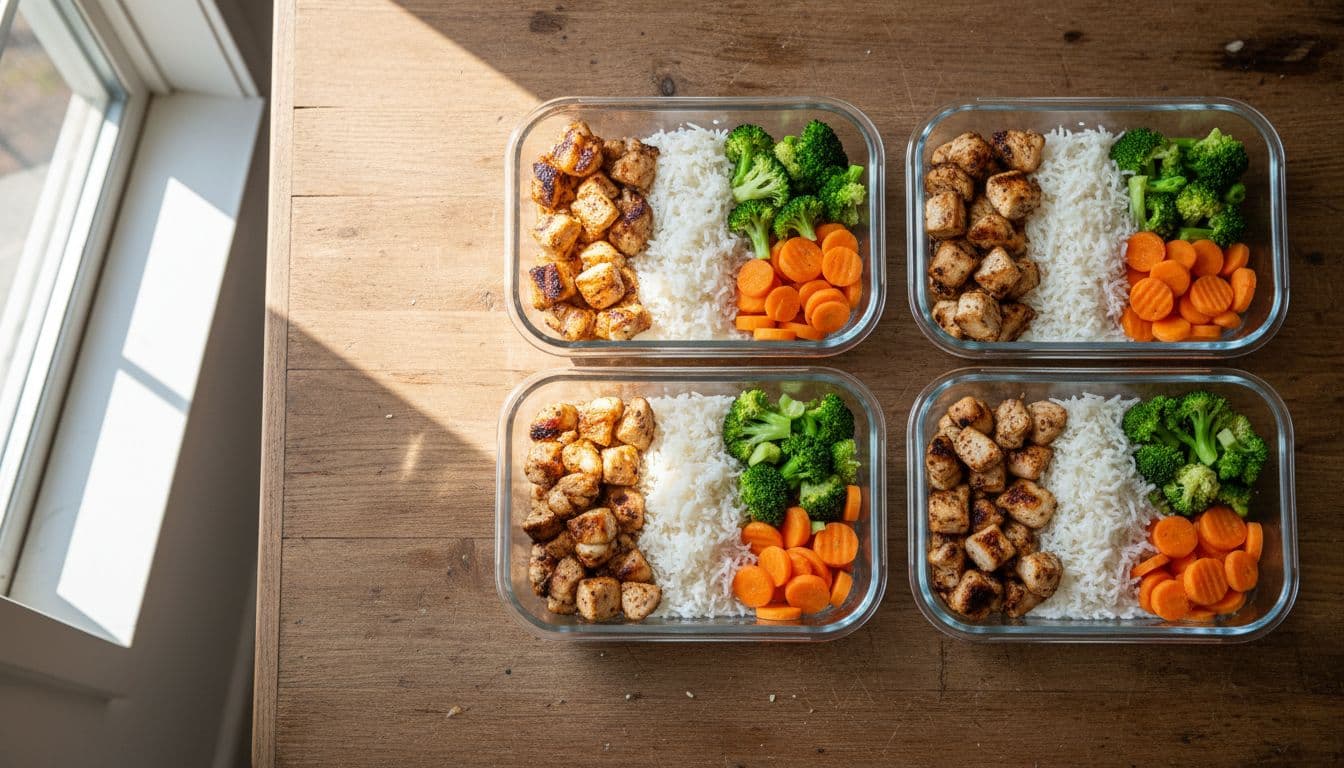 Alpha-GPC Pre-Workout: Δοσολογία, Timing Και Πότε Προκαλεί Ζάλη 1 Top-down realistic photo of three meal prep containers with grilled chicken breast, steamed broccoli and carrots, and basmati rice on a wooden kitchen table under natural daylight.