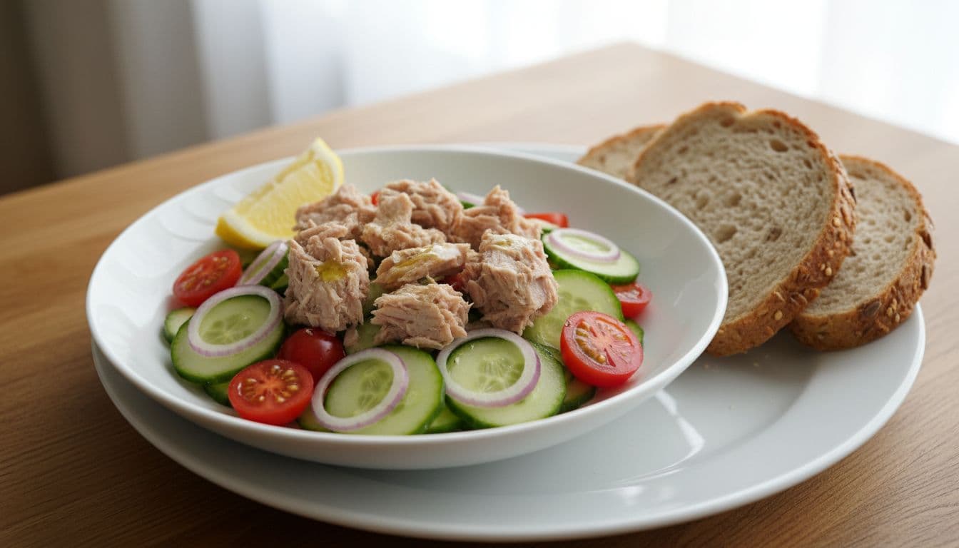 Alpha-GPC Pre-Workout: Δοσολογία, Timing Και Πότε Προκαλεί Ζάλη 2 Fresh tuna salad bowl with drained tuna chunks, sliced cucumbers, cherry tomatoes, red onion rings, lightly dressed with olive oil and lemon wedges, served on a white plate next to whole grain bread slices in bright natural light.