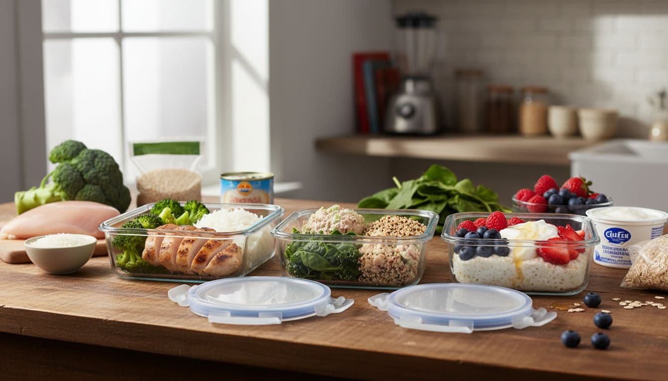 Beetroot Powder Pre-Workout: Δοσολογία και Timing για Αντοχή 2 Three transparent meal prep containers on a kitchen table: grilled chicken breast with rice and broccoli, tuna salad with quinoa and greens, oats with yogurt and berries; fresh ingredients nearby, natural daylight, realistic photography.