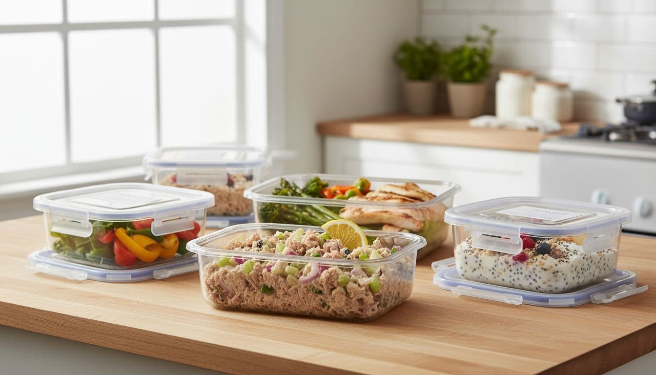 Οι 5 Καλύτερες Εφαρμογές Μέτρησης Θερμίδων από Φωτογραφία 3 High-protein meal prep boxes with tuna salad, yogurt oats, and chicken vegetables organized on a kitchen counter under bright natural light in realistic food photography style. No people or text included.