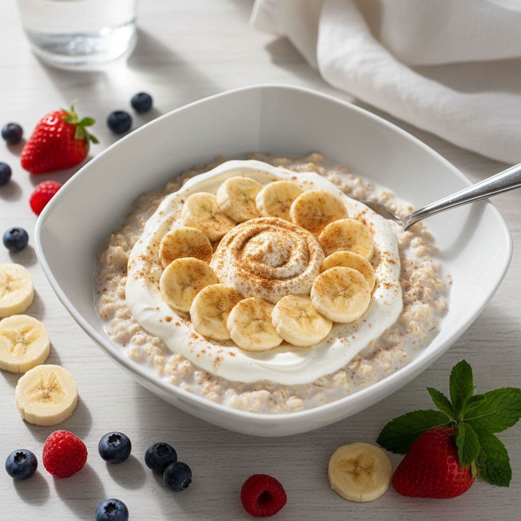 Alpha-GPC Δοσολογία Πριν Την Προπόνηση: Timing, Ζάλη Και Πώς Να Τη Διορθώσεις 1 A vibrant bowl of oatmeal with milk, sliced banana, cinnamon, and protein yogurt, surrounded by fresh fruits in a bright breakfast setting. Realistic square photograph without text or people.