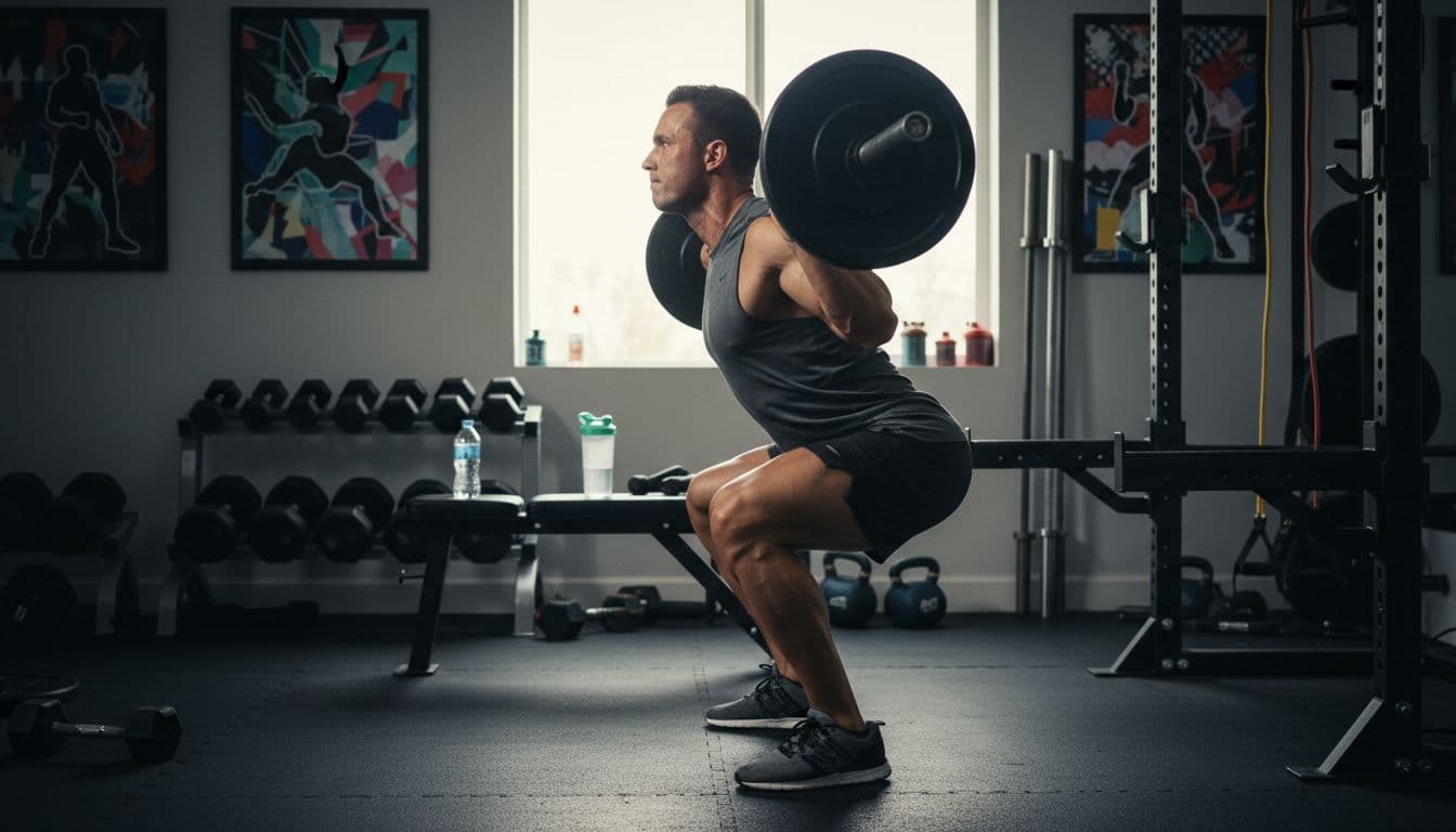 Glycerol Pre-Workout Για Pump Και Ενυδάτωση: Δοσολογία, Timing και Πρακτικό Πλάνο 3 Side view of a single person performing a full body barbell squat in a motivational home gym, showcasing hydrated and pumped muscles. Realistic photo style with soft lighting, emphasizing training enhanced by hydration.