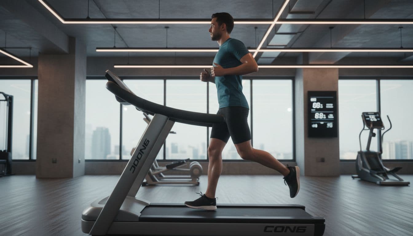 Τα 3 Καλύτερα Αερόβια Μηχανήματα Γυμναστηρίου Για Απώλεια Λίπους 1 A single person runs on a treadmill with slight incline in a bright, modern gym environment, captured from side view in realistic style with relaxed hands.