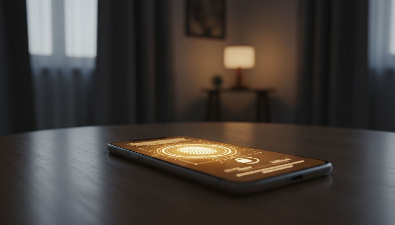 A locked iPhone displays a biometric security prompt on its screen, placed on a table in a dimly lit room with warm lighting and a security-focused atmosphere.