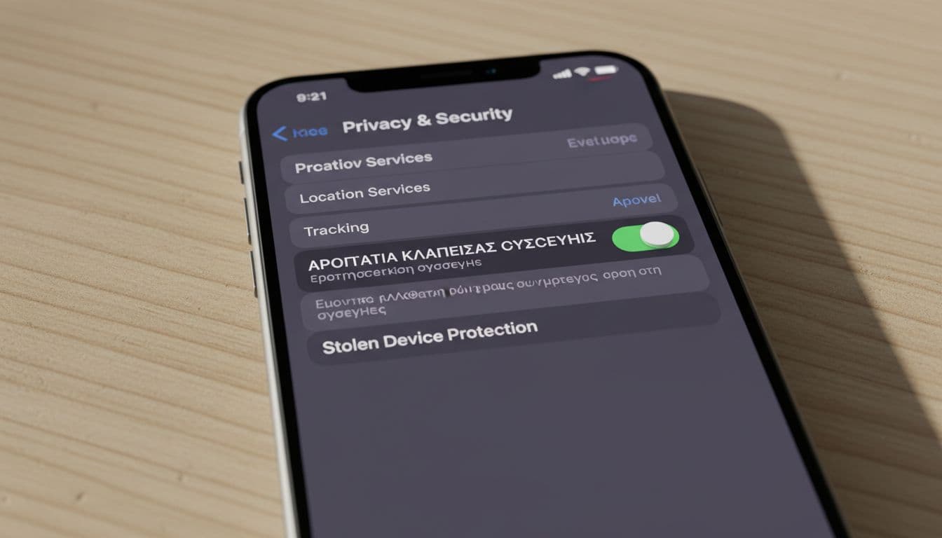 Close-up of an iPhone settings screen showing Stolen Device Protection toggle switched on, on a wooden desk with soft natural light, realistic style, high detail, clean composition.