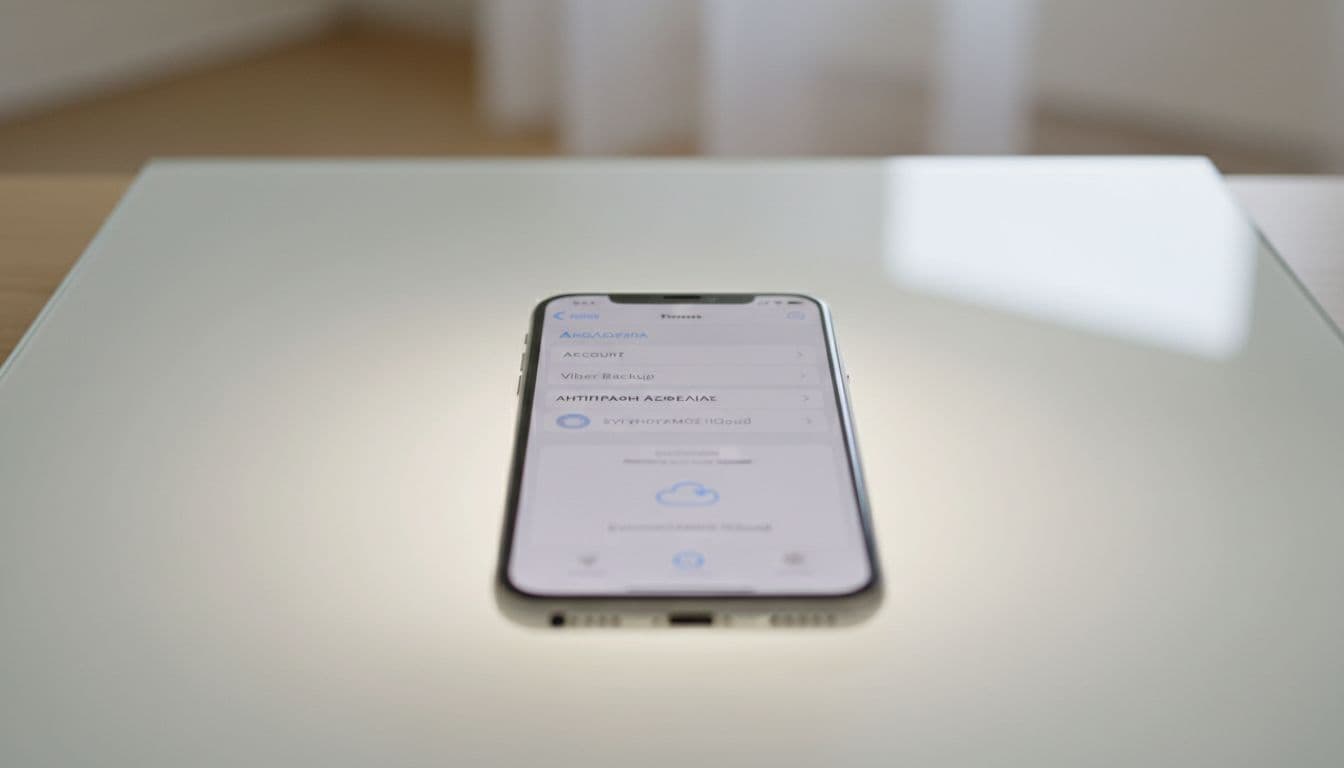 iPhone on light table displaying Viber settings screen with Account and Viber Backup sections, iCloud sync indicator visible, bright indoor lighting, centered composition.