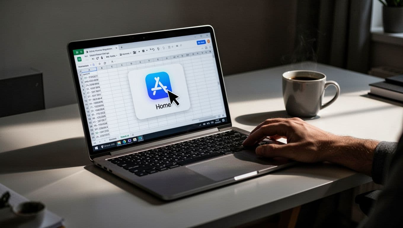 Laptop screen shows browser on Office homepage with highlighted Excel icon and hovering cursor; hand on mouse near coffee mug on desk.