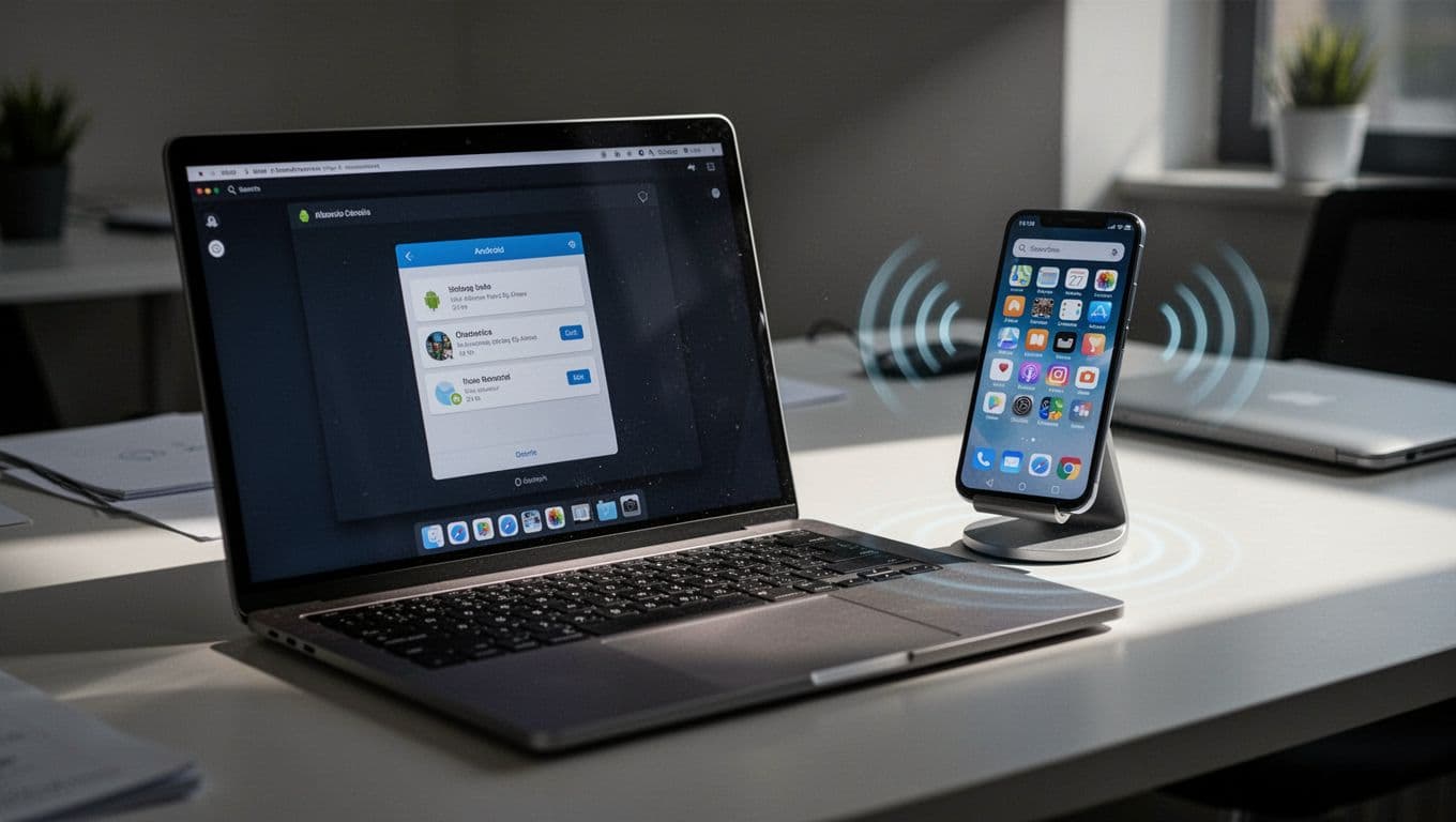 Laptop displays mirrored Android phone screen with angled remote control interface, phone on stand next to keyboard.