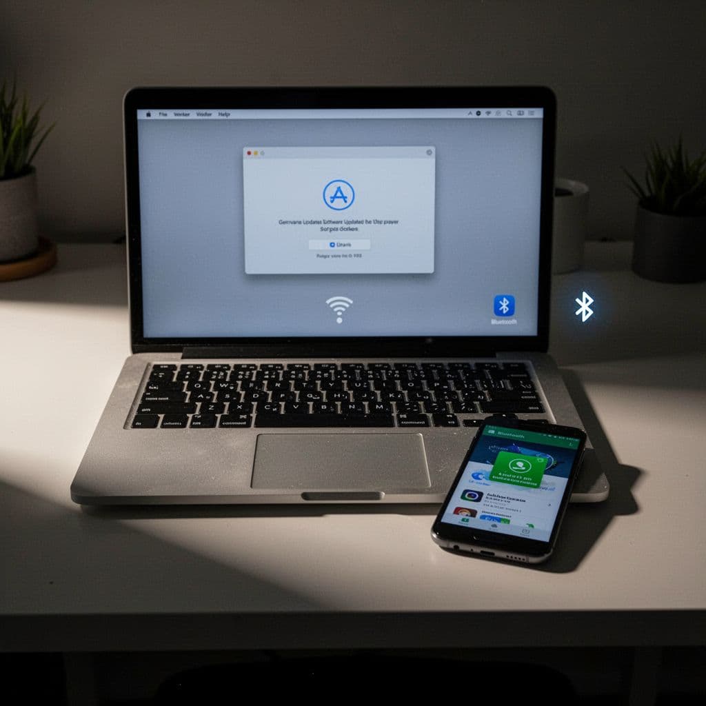 Laptop screen with update notification beside Android phone showing Play Store update on clean desk.