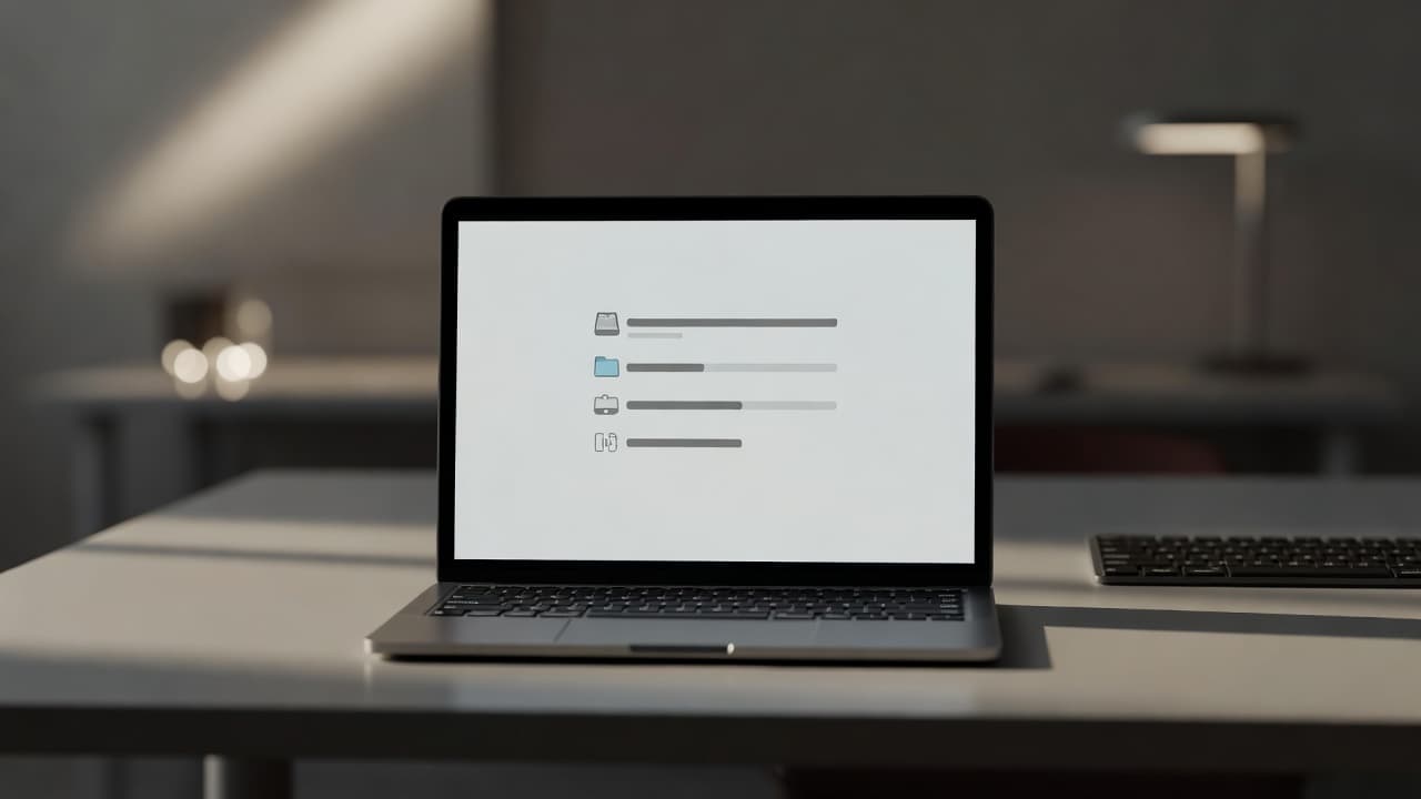 An open laptop displays a system utility window featuring progress bars and diagnostic icons on a blurred background. The focus highlights the data verification process occurring on a connected external drive.