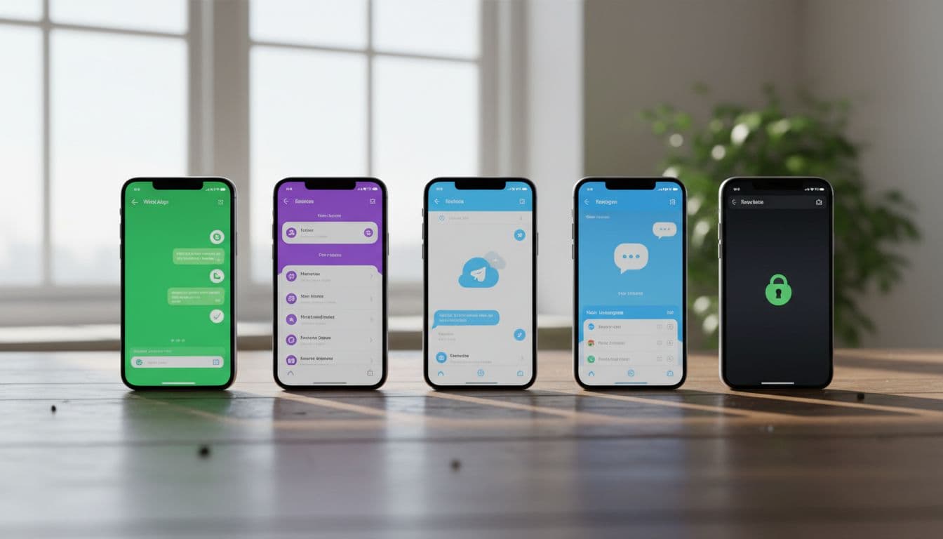 Five smartphones in a row on a wooden table, each with a different messaging app open: WhatsApp, Viber, Telegram, Messenger, Signal. Realistic style, bright natural light from window, simple composition, high detail, landscape view.