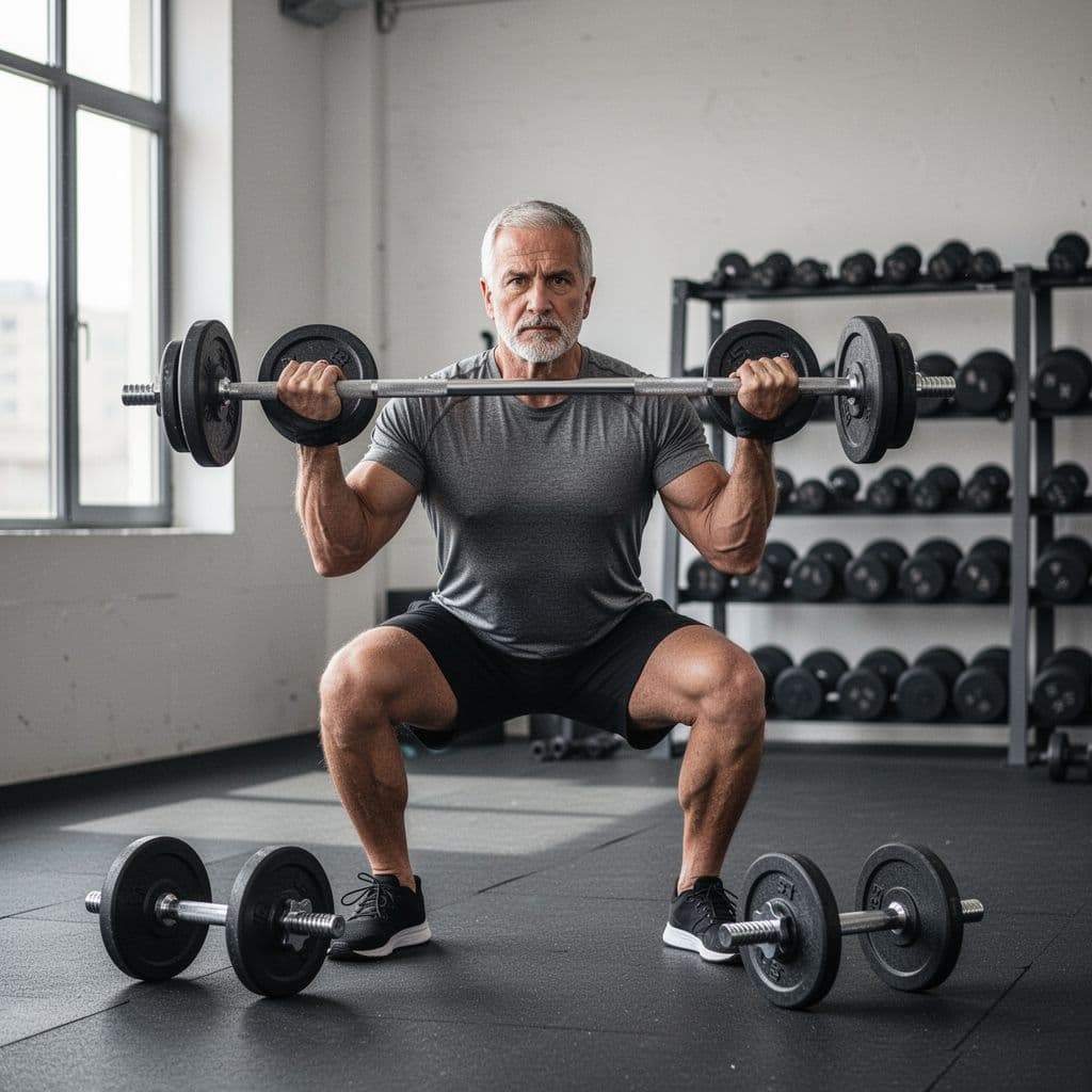 Fitness Συνταγή: Baked Doughnuts με Μήλο και Κανέλα 4 Photorealistic image of a middle-aged man performing a dumbbell squat with correct technique—back straight, knees out—in a minimal gym with natural window light and weight rack.