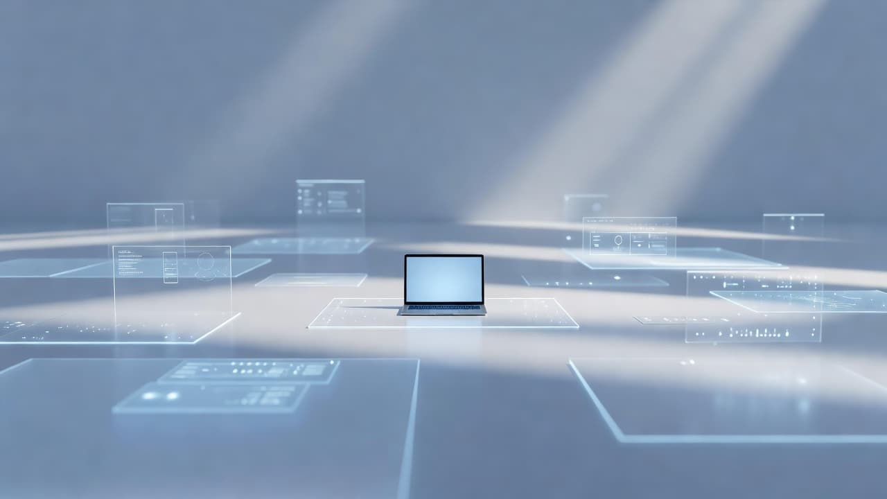 A sleek laptop sits centered on a floating desk within an abstract virtual classroom. The space features soft blue and white hues, creating a serene, professional atmosphere for focused digital learning.