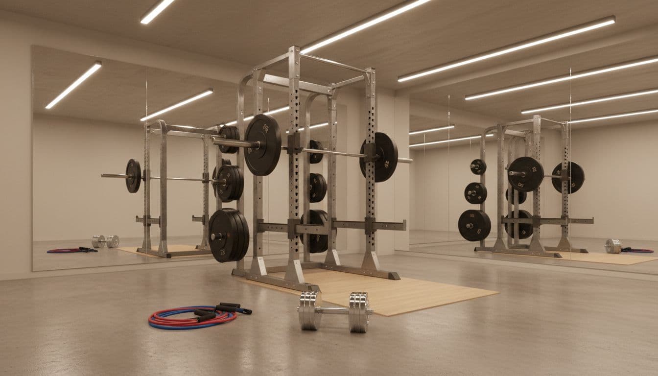 Beetroot Powder Pre-Workout: Δοσολογία και Timing για Αντοχή 3 Clean modern gym interior with a barbell loaded for back squats on a rack, dumbbells on the floor, and resistance bands nearby. Realistic high-detail photography with soft overhead lighting, focusing only on equipment, no people or text.