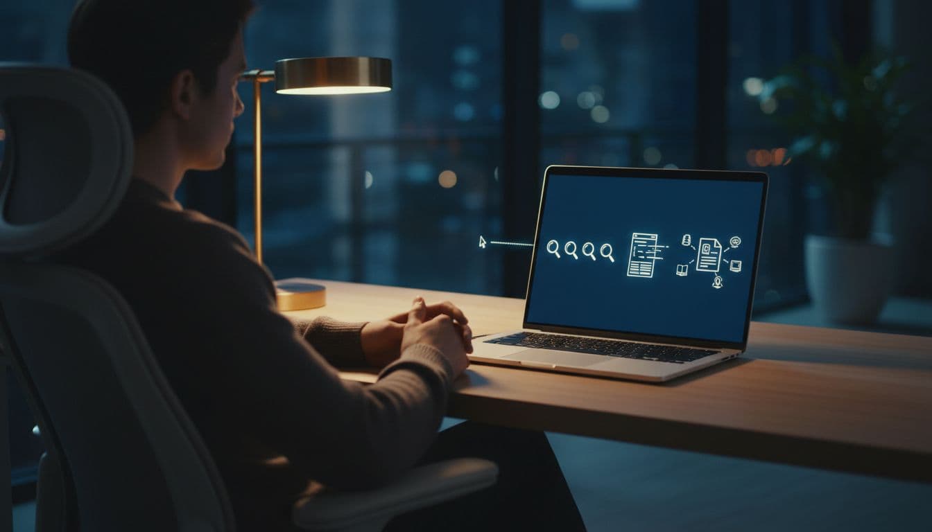 Person relaxes at clean modern desk as laptop screen shows icons of typing, searches, web page scanning, and report compilation.