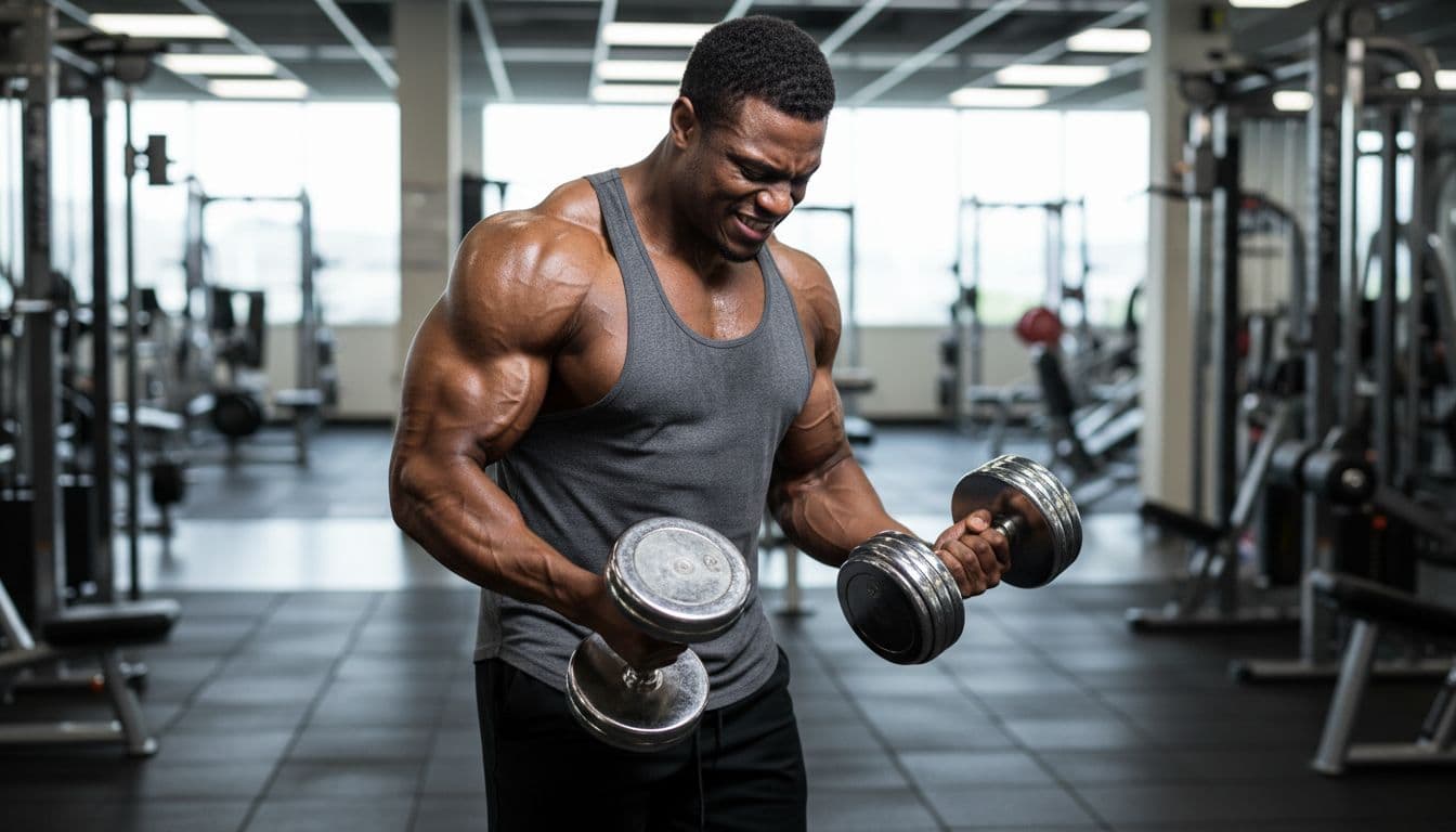 Glycerol Pre-Workout Για Pump Και Ενυδάτωση: Δοσολογία, Timing και Πρακτικό Πλάνο 1 A muscular athlete in a dynamic pose lifts dumbbells in a brightly lit gym, showcasing veins popping with an intense muscle pump and sweaty, hydrated skin.