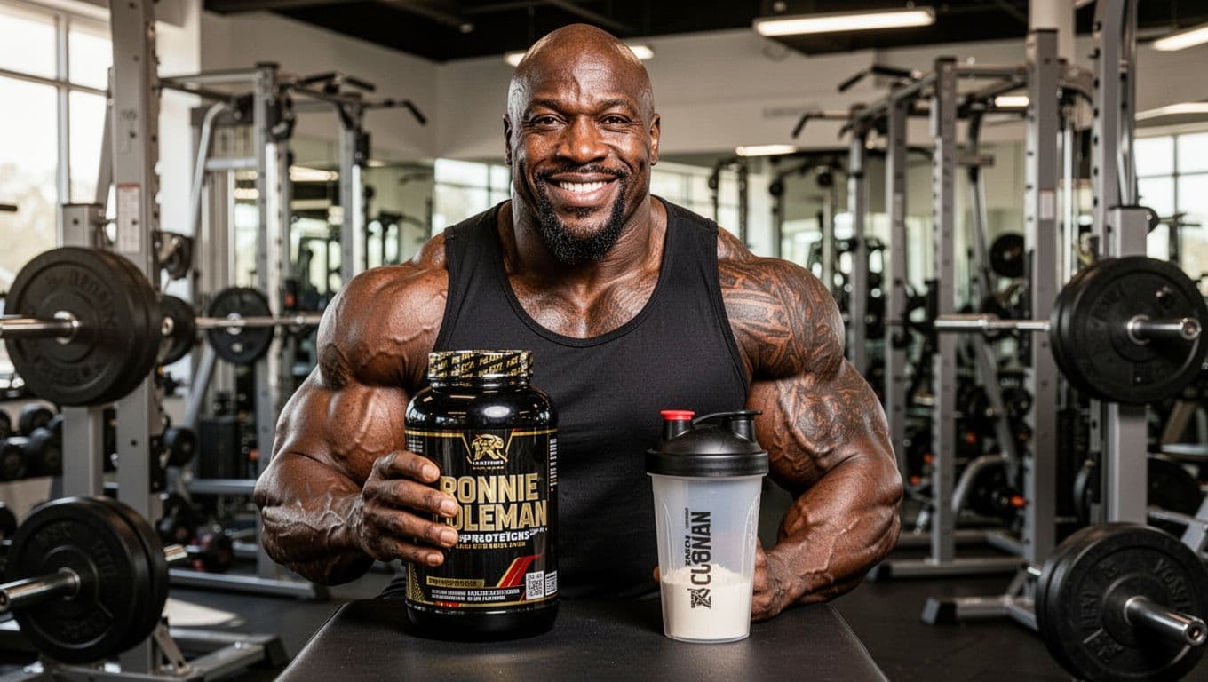 Συμπληρώματα Ronnie Coleman Αξίζουν ή Πληρώνεις Μόνο το Όνομα 1 A muscular athlete holds a Ronnie Coleman protein bottle next to a shaker with powder in a gym, surrounded by weight equipment under natural lighting.