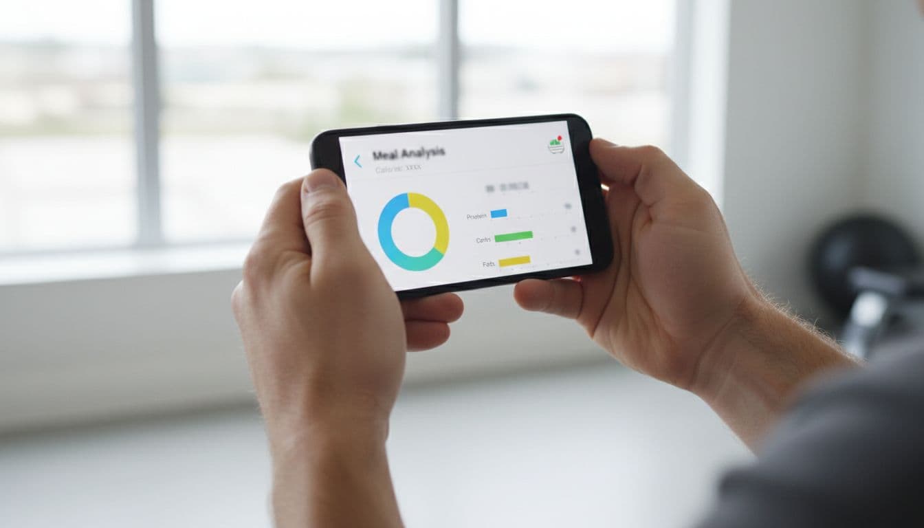 Οι 5 Καλύτερες Εφαρμογές Μέτρησης Θερμίδων από Φωτογραφία 2 Realistic view of an athlete's hands holding a smartphone in a bright room, displaying a simple app interface with calorie analysis and macro nutrient graphs for protein, carbs, and fats on a slightly tilted screen.