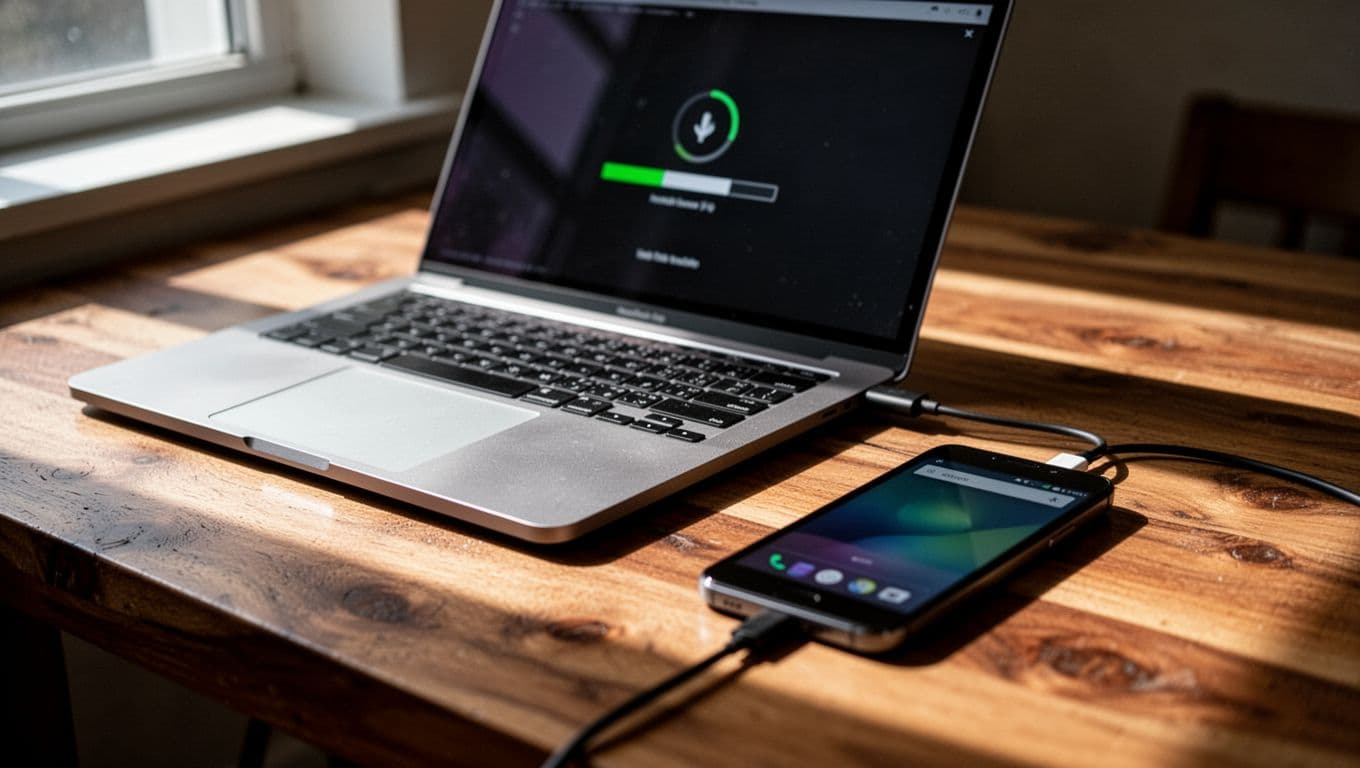 Windows laptop screen shows MyPhoneExplorer installer with USB cable to Android phone on wooden desk.