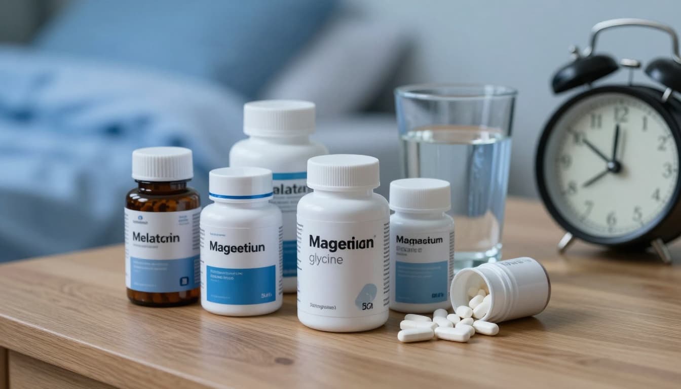 Τα καλύτερα συμπληρώματα πριν τον ύπνο: πρακτικός οδηγός επιλογής και ασφάλειας 2 Close-up of melatonin, magnesium, and glycine supplement bottles on a wooden table next to a glass of water and bedtime alarm clock, in soft blue tones with realistic lighting.