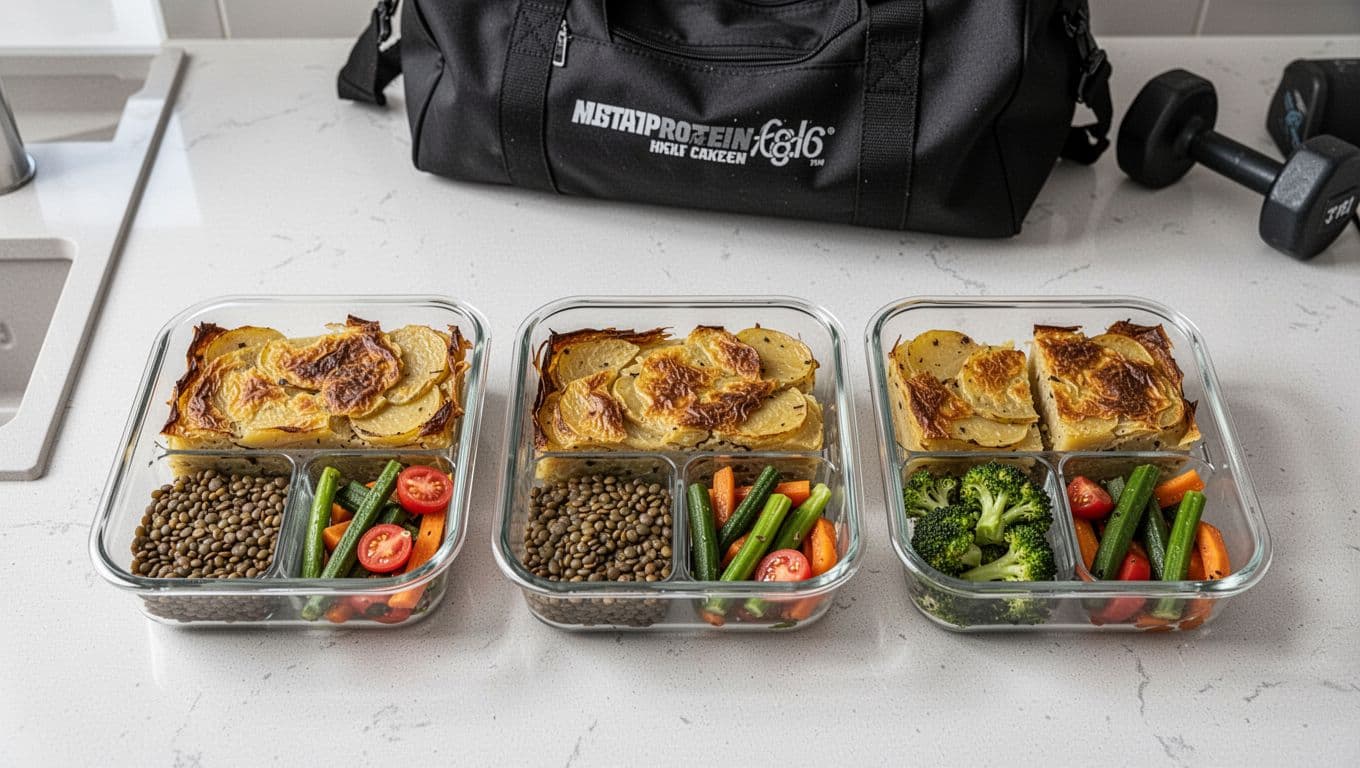 Νηστίσιμη Πατατόπιτα: Χορταστική, Πανεύκολη και για Meal Prep 2 Top-down view of three meal prep containers with portions of nistisimi patatopita vegan potato pie next to high-protein lentils and veggies, gym bag in the background on a clean kitchen counter.