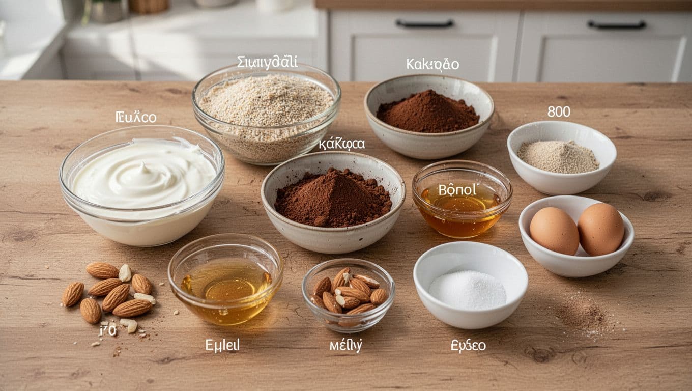 Fitness Συνταγή: Κέικ Σιμιγδαλιού με Κακάο Χωρίς Ψήσιμο 2 Photorealistic top-down view on wooden kitchen surface showing measured bowls of ingredients for no-bake semolina cake: white yogurt, semolina, cocoa powder, honey, almonds, and eggs. Bright natural light, minimal clean style, shallow depth of field focusing on ingredients.