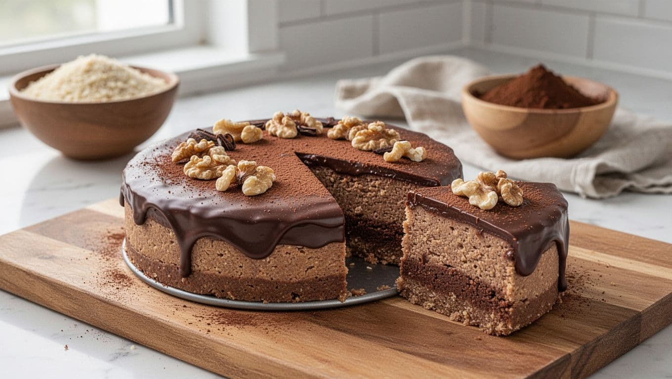 Fitness Συνταγή: Κέικ Σιμιγδαλιού με Κακάο Χωρίς Ψήσιμο 1 Photorealistic food photography of a freshly made no-bake semolina cake with cocoa on a wooden kitchen surface, featuring a triangular slice revealing its texture and light chocolate topping, garnished with cocoa powder and nuts.