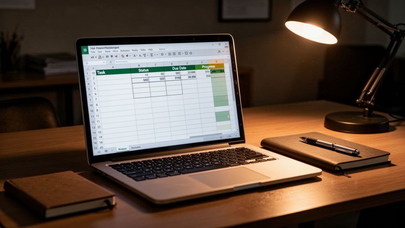 Office desk with open laptop showing Excel task list sheet, notebook, pen, and warm desk lamp.