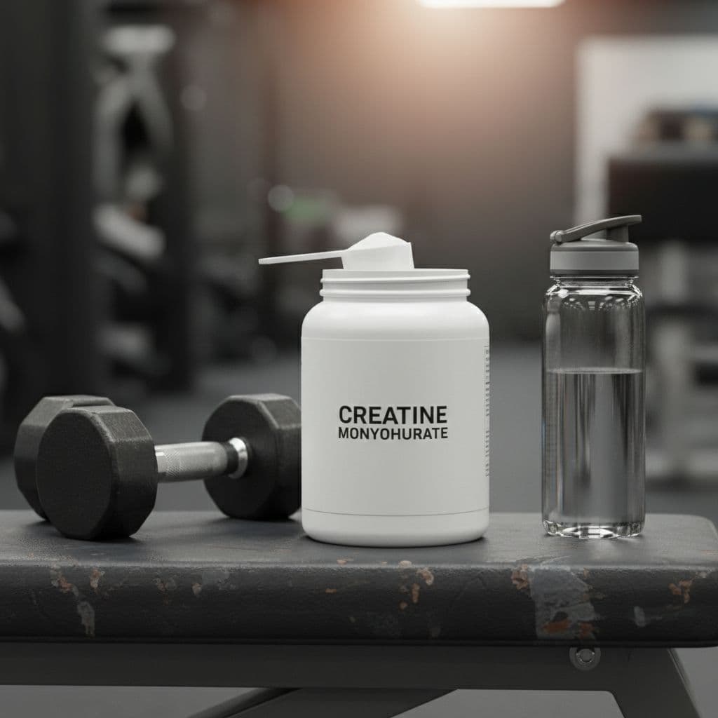 Τα 5 Καλύτερα Συμπληρώματα για Γράμμωση και Μυϊκή Ανάπτυξη 2 White tub of creatine monohydrate powder open with scoop next to dumbbells and water bottle on gym bench, realistic close-up product photo.