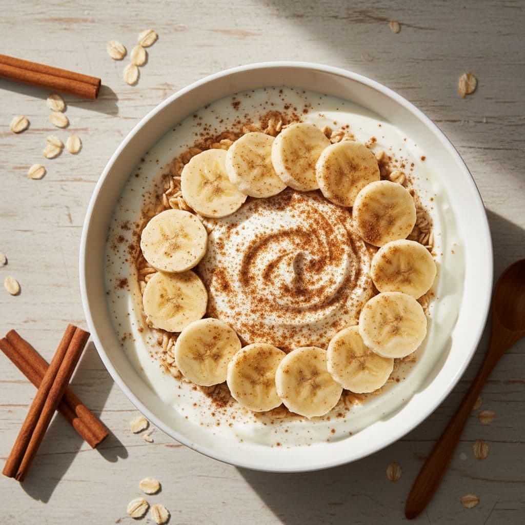 Tongkat Ali Στο Γυμναστήριο: Δοσολογία, Κύκλος Χρήσης Και Πρακτικός Οδηγός Προπόνησης 2 Overhead view of a fresh breakfast bowl with protein yogurt, oats, banana slices, and cinnamon on a wooden table in bright morning light.