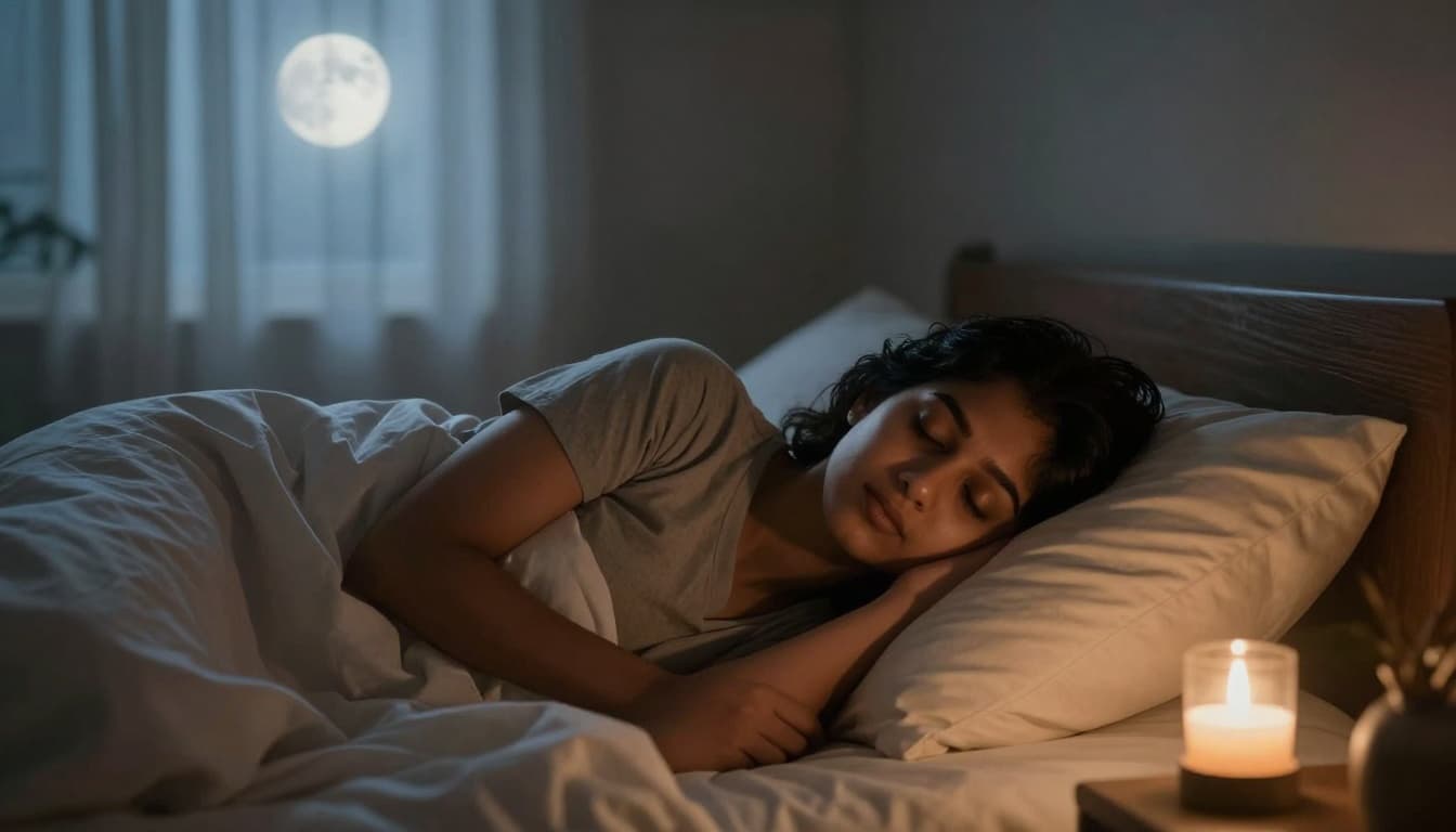 Τα καλύτερα συμπληρώματα πριν τον ύπνο: πρακτικός οδηγός επιλογής και ασφάλειας 1 A serene bedroom scene at night featuring a relaxed person sleeping peacefully, with soft moonlight through curtains, cozy bedding, and dim lamp light creating a restful atmosphere.