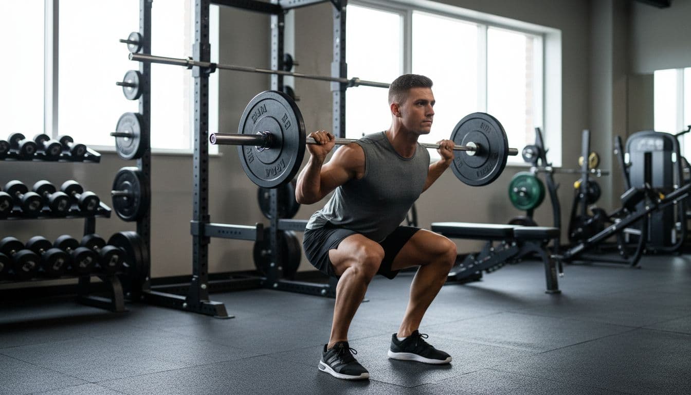 Tongkat Ali Στο Γυμναστήριο: Δοσολογία, Κύκλος Χρήσης Και Πρακτικός Οδηγός Προπόνησης 3 A person performs a barbell squat mid-rep with perfect form in a modern gym: knees tracking over toes, back straight, bar on upper traps, weights rack in background. Dynamic action shot in motivational fitness style with natural lighting, focusing on proper technique.