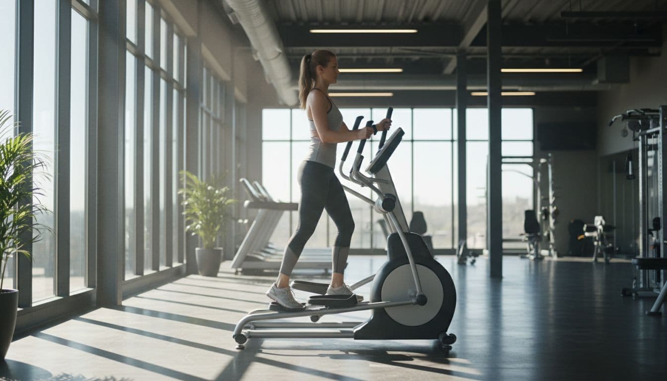 Τα 3 Καλύτερα Αερόβια Μηχανήματα Γυμναστηρίου Για Απώλεια Λίπους 3 A single person uses an elliptical machine in a modern gym bathed in natural light, captured in a full-body side view with realistic style and low-impact motion blur. Relaxed hands on handles, landscape composition with no additional people, text, watermarks, or logos.