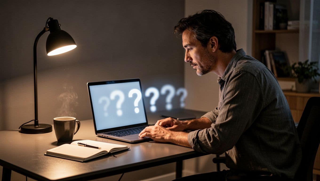 Person leans forward at home office desk over blurred laptop screen with question mark icons, coffee mug and notebook nearby.