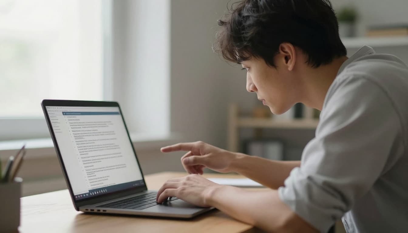 Person leaning forward at desk in modern home office, pointing at blurred laptop screen with structured report and citation numbers.