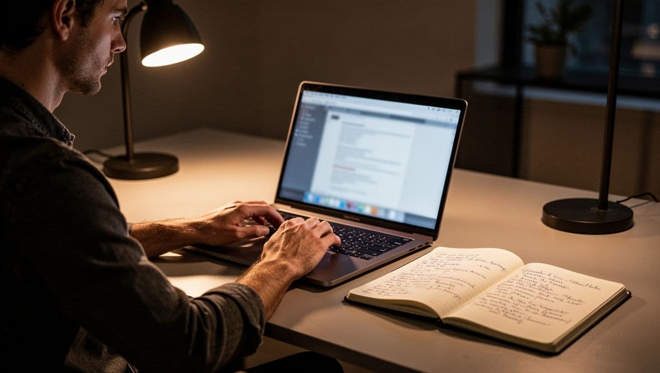 Person types on blurred laptop screen at modern desk with nearby notebook and warm lamp light.