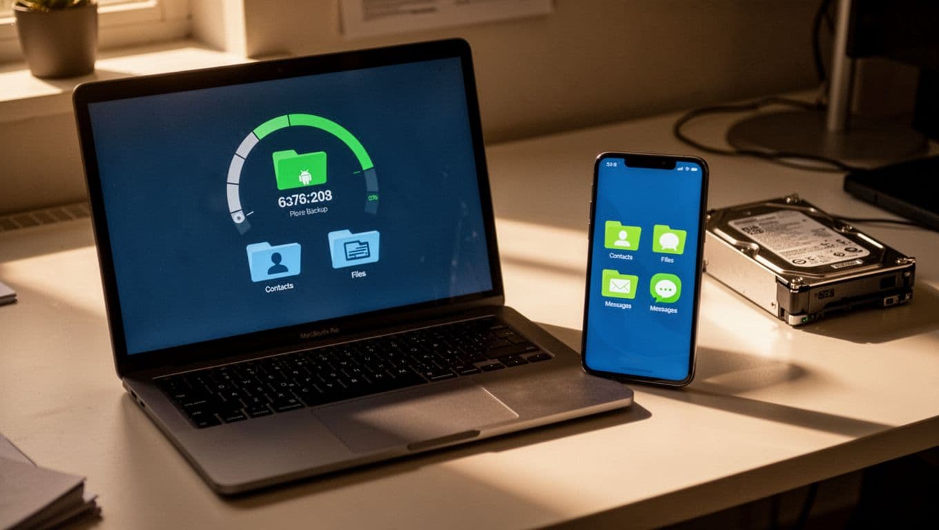 Laptop on office desk shows MyPhoneExplorer backup progress with Android phone beside and folder icons for contacts, files, SMS.