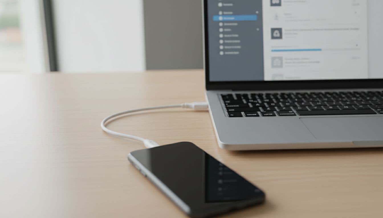 Laptop on office desk connected to smartphone via USB cable, laptop screen shows blurred data recovery software, phone screen off, natural lighting, focused on USB connection.