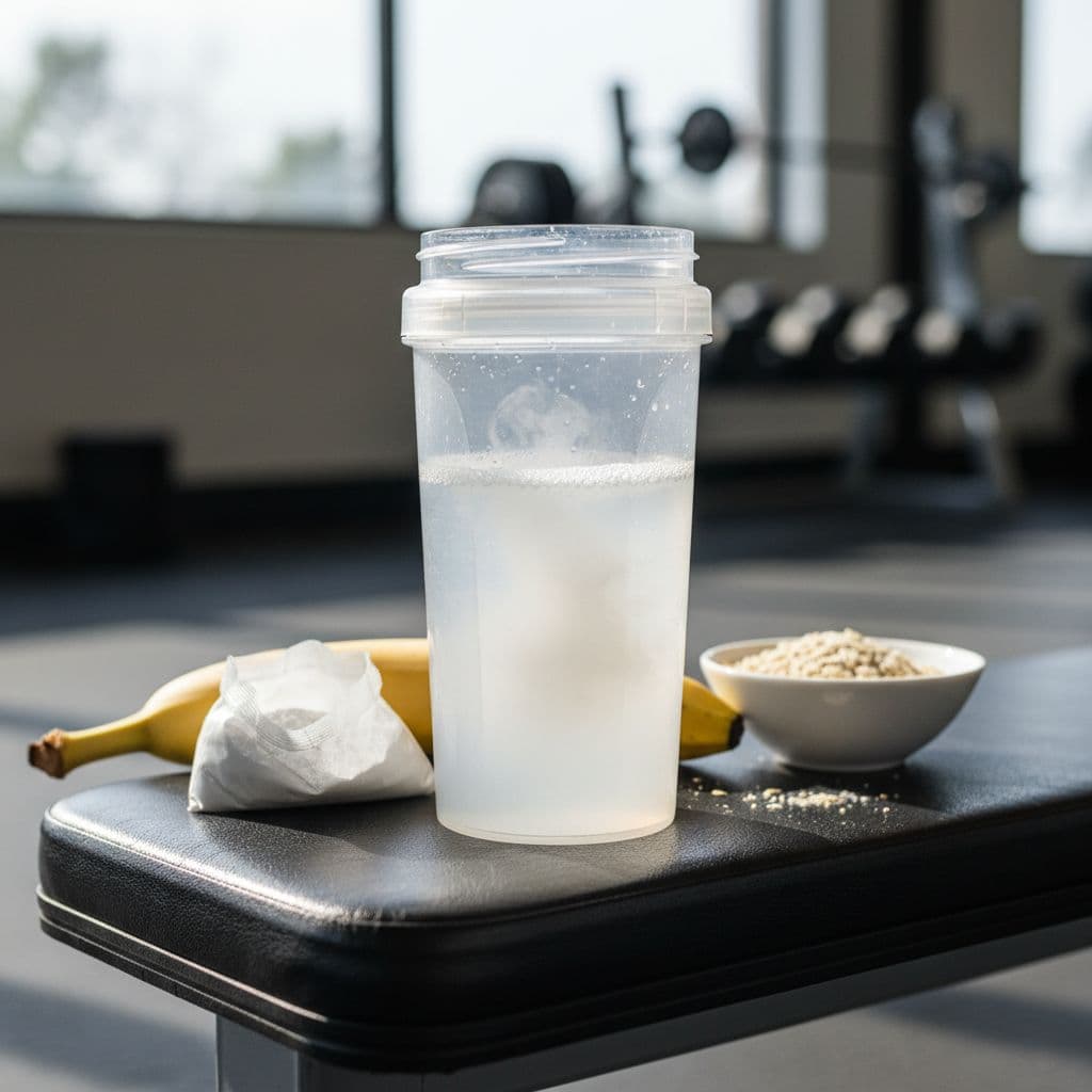 Glycerol Pre-Workout Για Pump Και Ενυδάτωση: Δοσολογία, Timing και Πρακτικό Πλάνο 2 Shaker bottle with glycerol powder mixed in water on a gym bench, fresh carbs nearby, close-up under natural lighting.