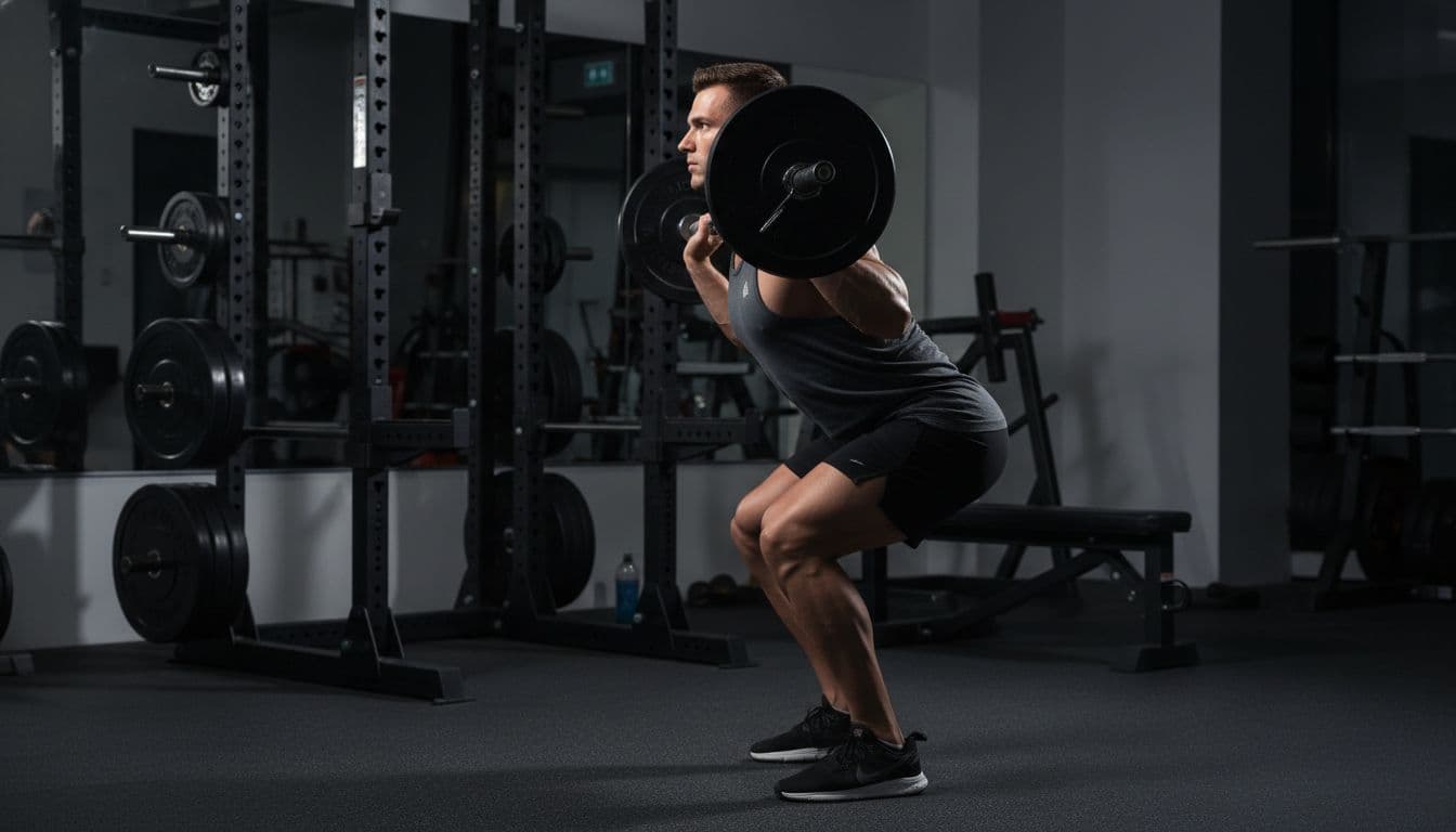 Alpha-GPC Pre-Workout: Δοσολογία, Timing Και Πότε Προκαλεί Ζάλη 3 Single muscular male athlete performing barbell back squat with perfect form in mid-descending phase, side view, in modern gym with equipment in background.