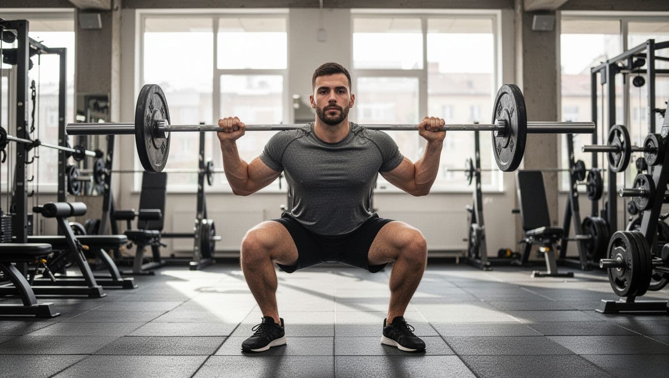 Οι 5 Καλύτεροι Bodybuilders 2025-2026 Και Τι Να Αντιγράψεις 1 A man executes a barbell back squat with correct technique in a gym, maintaining a straight back, knees out, and mid-descent position under natural window light in a realistic landscape photo.