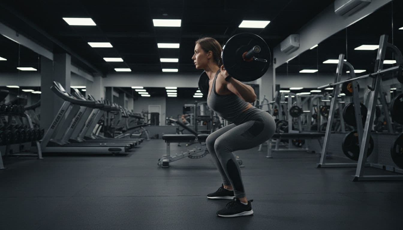 Berberine Δοσολογία Και Πότε Να Το Παίρνεις Σωστά 2 Side view of a single person performing a barbell squat with correct technique in a gym: straight back, knees out, relaxed hands on the bar, realistic gym lighting, landscape orientation.