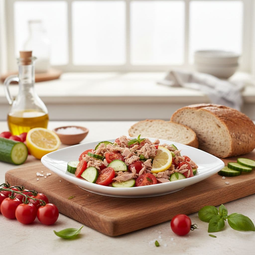 Alpha-GPC Δοσολογία Πριν Την Προπόνηση: Timing, Ζάλη Και Πώς Να Τη Διορθώσεις 3 Canned tuna mixed with tomato, cucumber, olive oil, and lemon on a plate, served alongside whole wheat bread with fresh ingredients surrounding it in a bright kitchen.