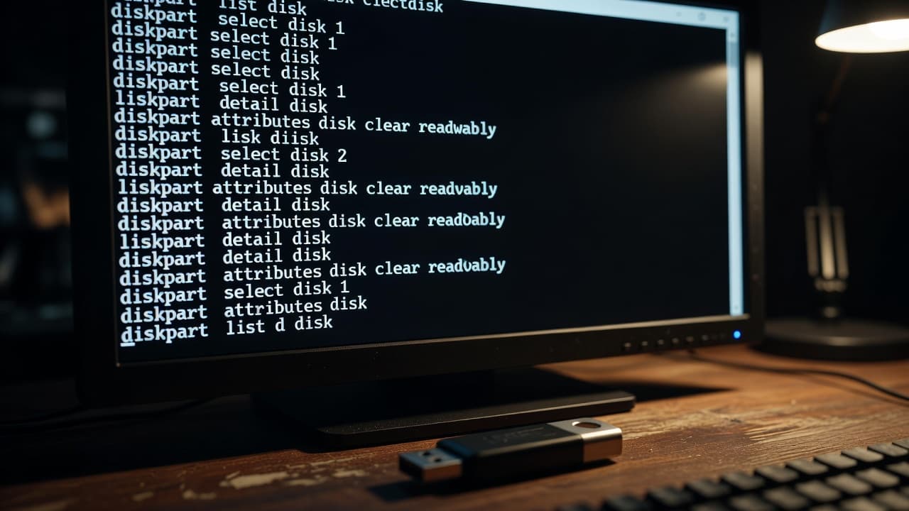 A computer monitor displays active diskpart command lines for troubleshooting storage devices. A metallic USB flash drive sits slightly out of focus on the dark desk surface in the immediate foreground.