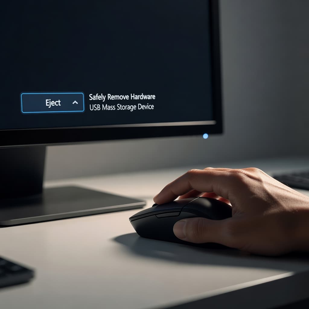 A close-up view shows a hand moving a computer mouse to click an eject icon within an on-screen menu. The soft lighting highlights the precise movement against a clean desk surface.