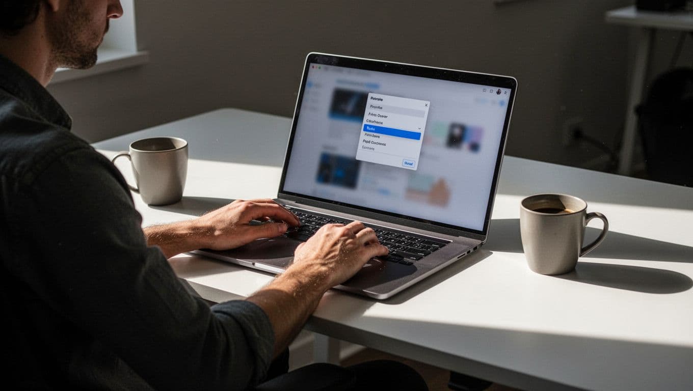 Person at ergonomic desk with laptop open to blurred Perplexity interface, Deep Research highlighted in dropdown, hands near keyboard, coffee mug nearby.