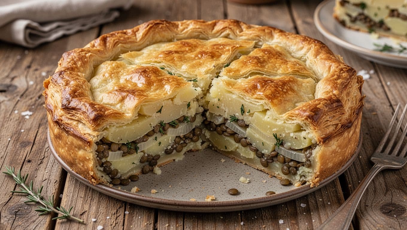 Νηστίσιμη Πατατόπιτα: Χορταστική, Πανεύκολη και για Meal Prep 1 Delicious baked nistisimi patatopita vegan potato pie featuring a flaky golden brown crust, sliced to reveal layered filling of mashed potatoes, onions, herbs, and lentils on a rustic wooden table. Close-up overhead composition with warm natural lighting in photorealistic food photography style.