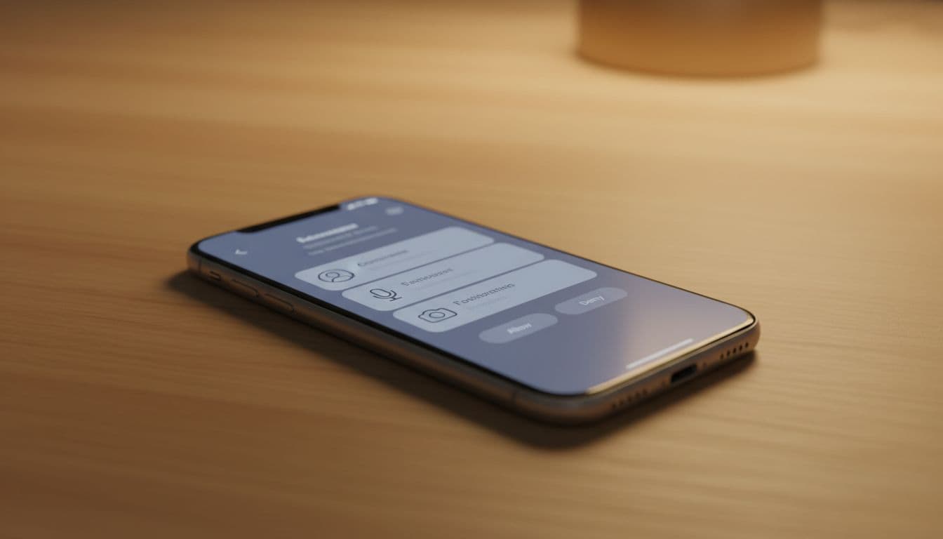 Realistic smartphone on a desk with soft lighting, showing a popup requesting permissions for contacts, microphone, camera, and notifications during app setup, focused at an angle in landscape view.